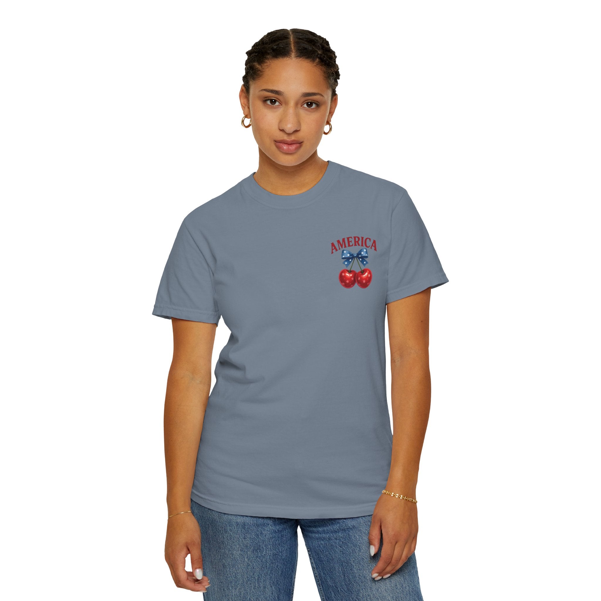 America Cherry Bow T-shirt | Patriotic Stars & Stripes Cherry Design