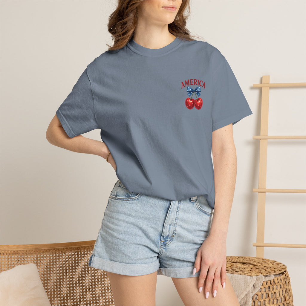 America Cherry Bow T-shirt | Patriotic Stars & Stripes Cherry Design