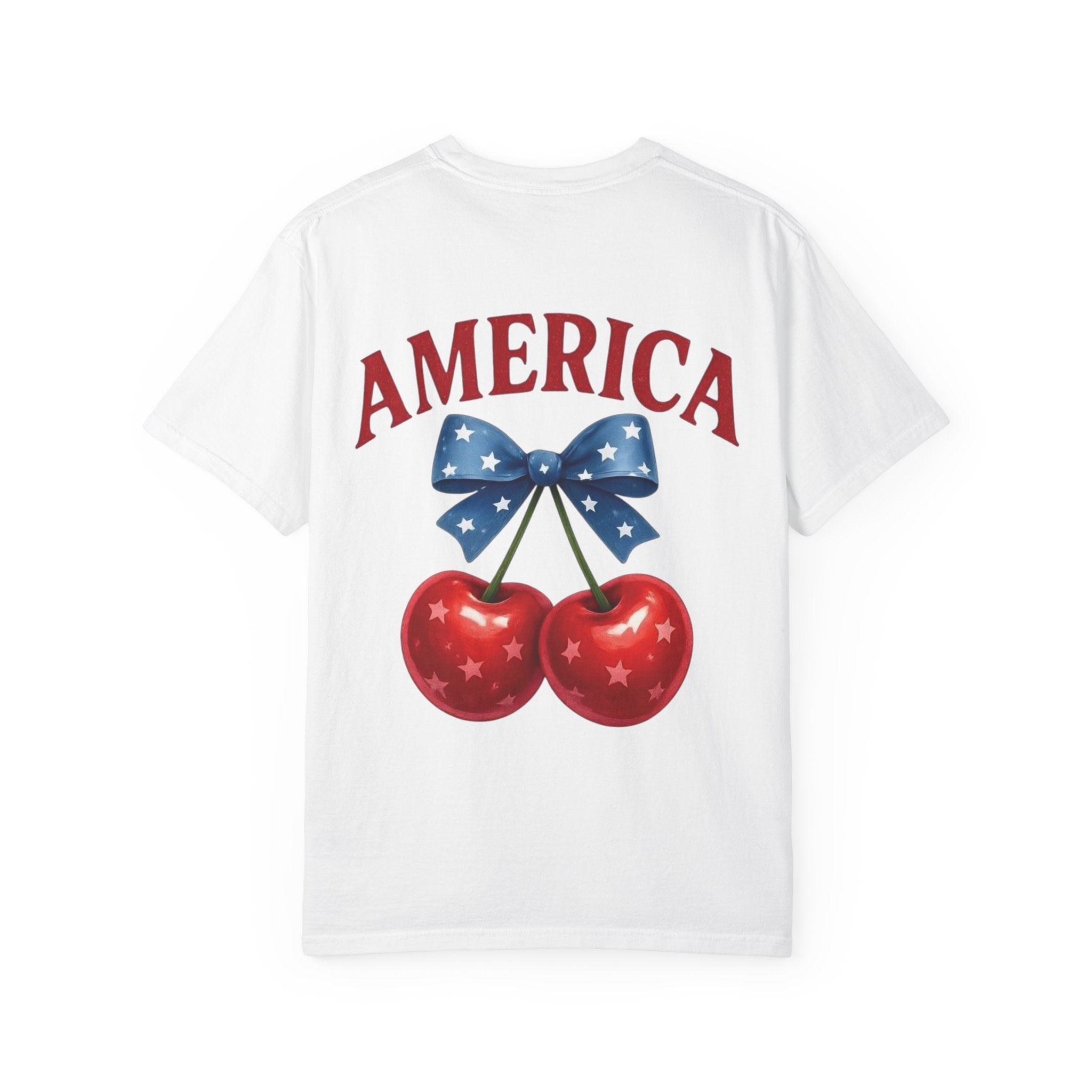 America Cherry Bow T-shirt | Patriotic Stars & Stripes Cherry Design