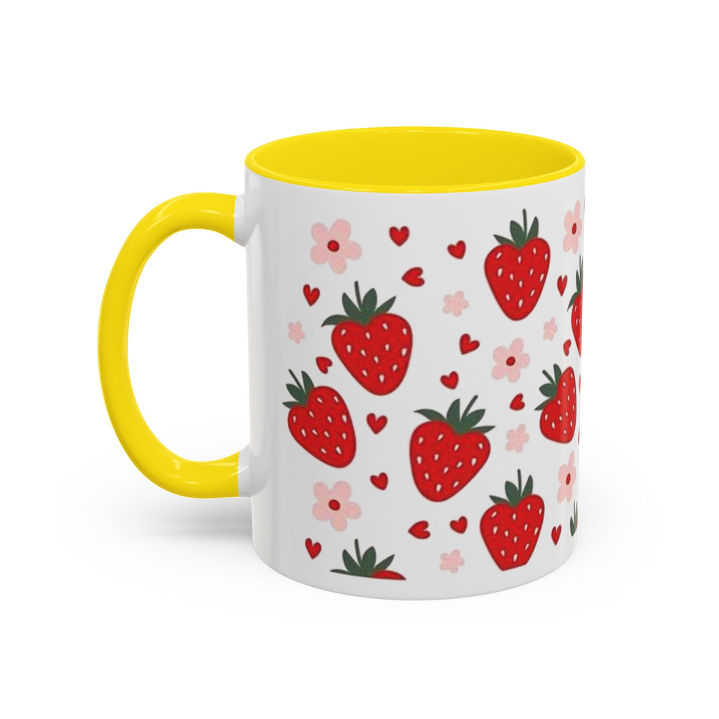 Strawberry Pattern Accent Coffee Mug — Cute Red Berries & Hearts 11/15oz