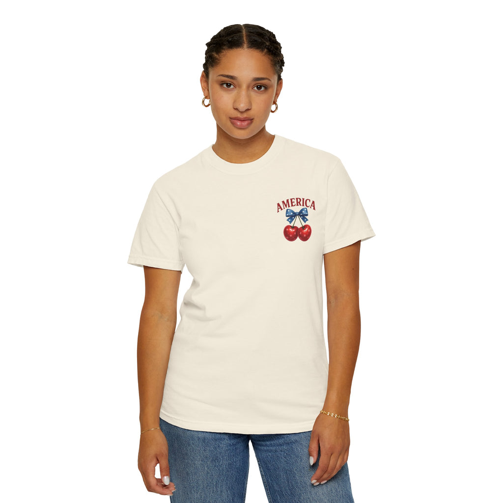 America Cherry Bow T-shirt | Patriotic Stars & Stripes Cherry Design