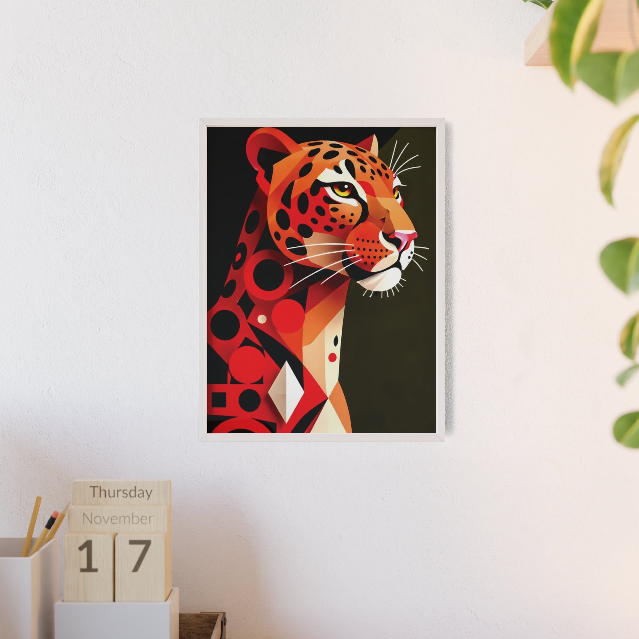 Geometric Leopard Art Poster with Wooden Frame — Bold Wildlife Wall Decor