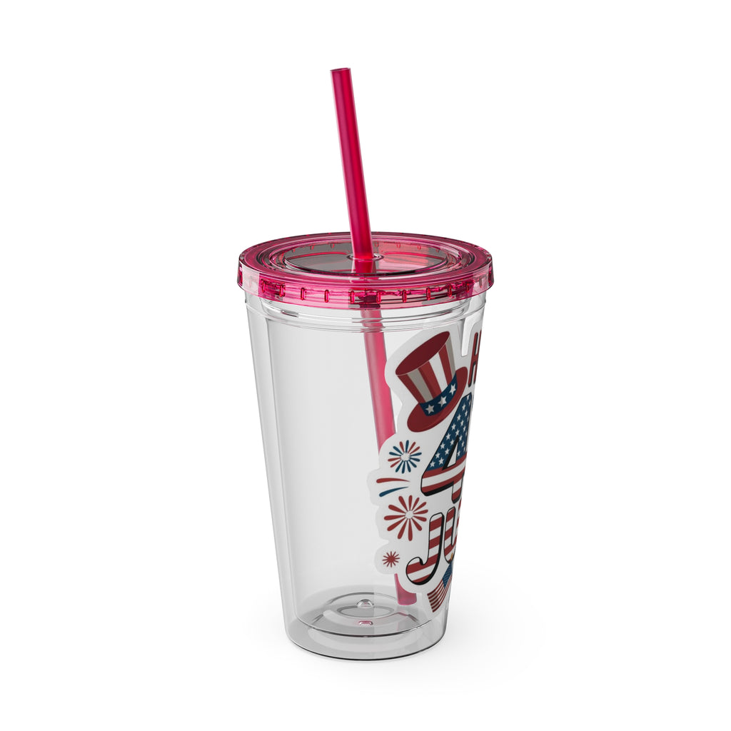 Happy 4th of July Tumbler | 16oz Straw Cup, Patriotic Fireworks Flag Design