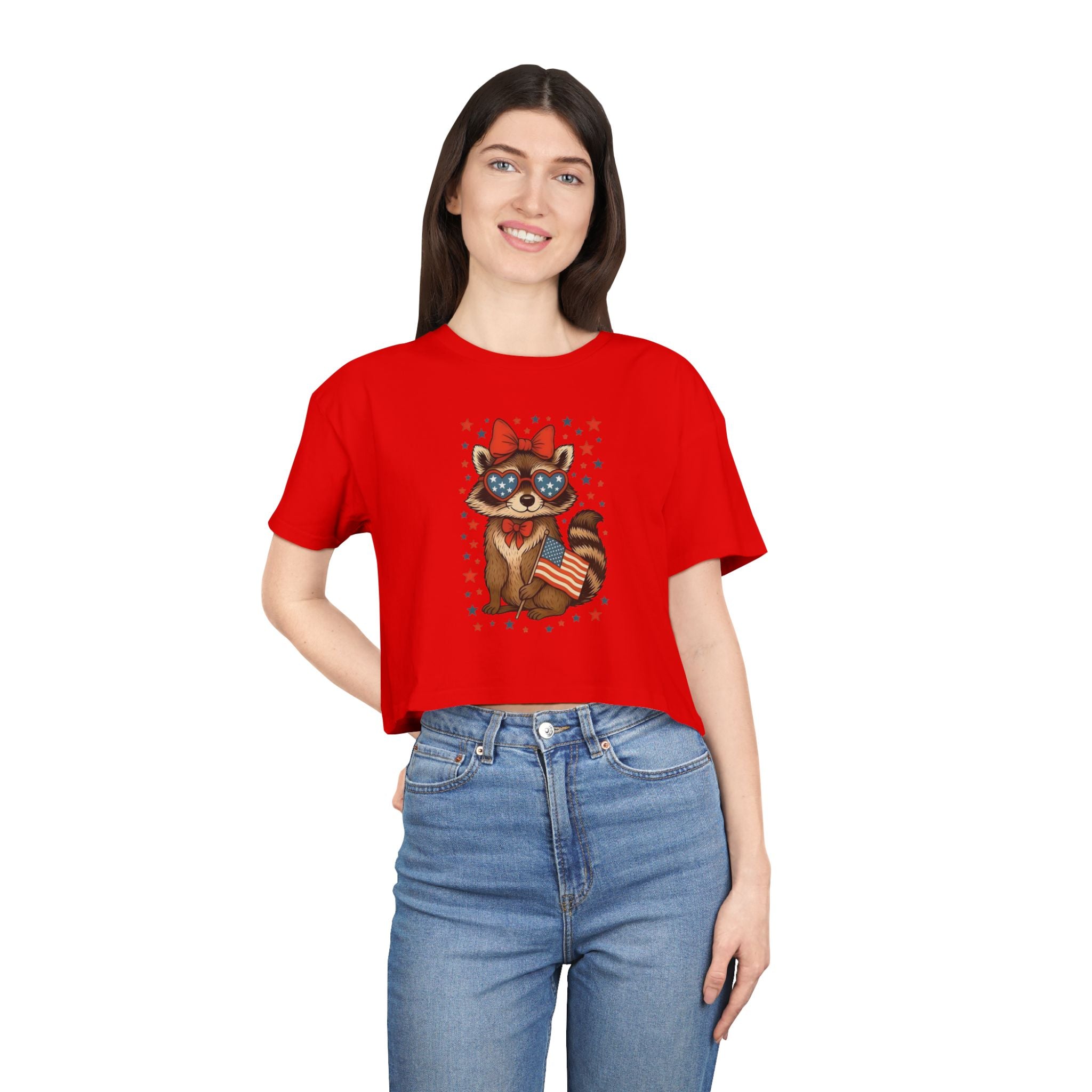 Patriotic Raccoon Heart Crop Tee | 4th of July Stars & Stripes