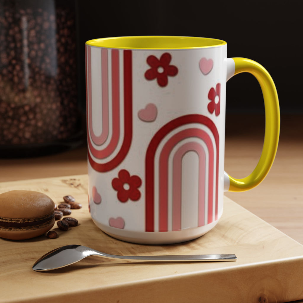 Retro Pink Rainbow Hearts and Flowers Accent Mug | 11oz or 15oz
