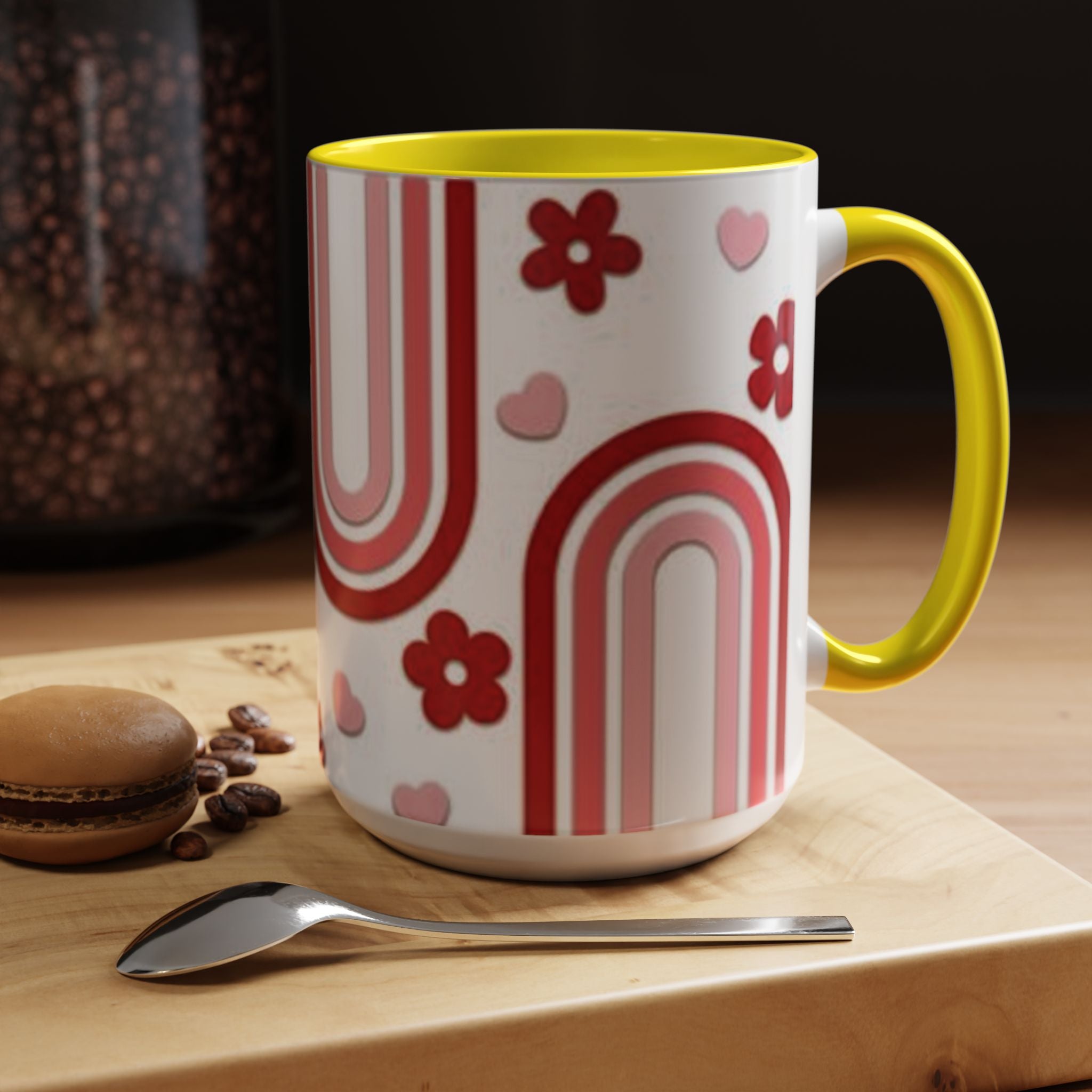 Retro Pink Rainbow Hearts and Flowers Accent Mug | 11oz or 15oz