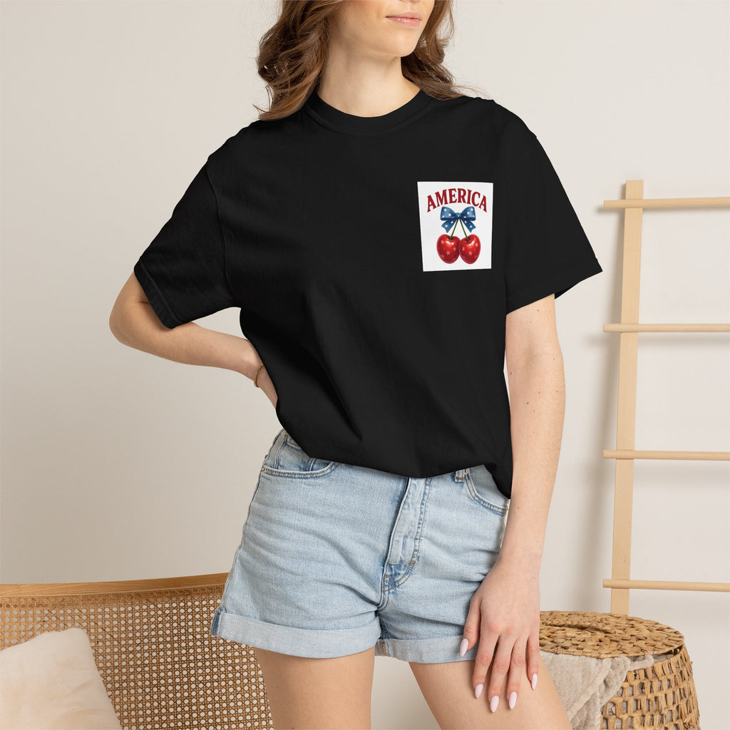 America Cherry Bow T-shirt | Patriotic Stars & Stripes Cherry Design