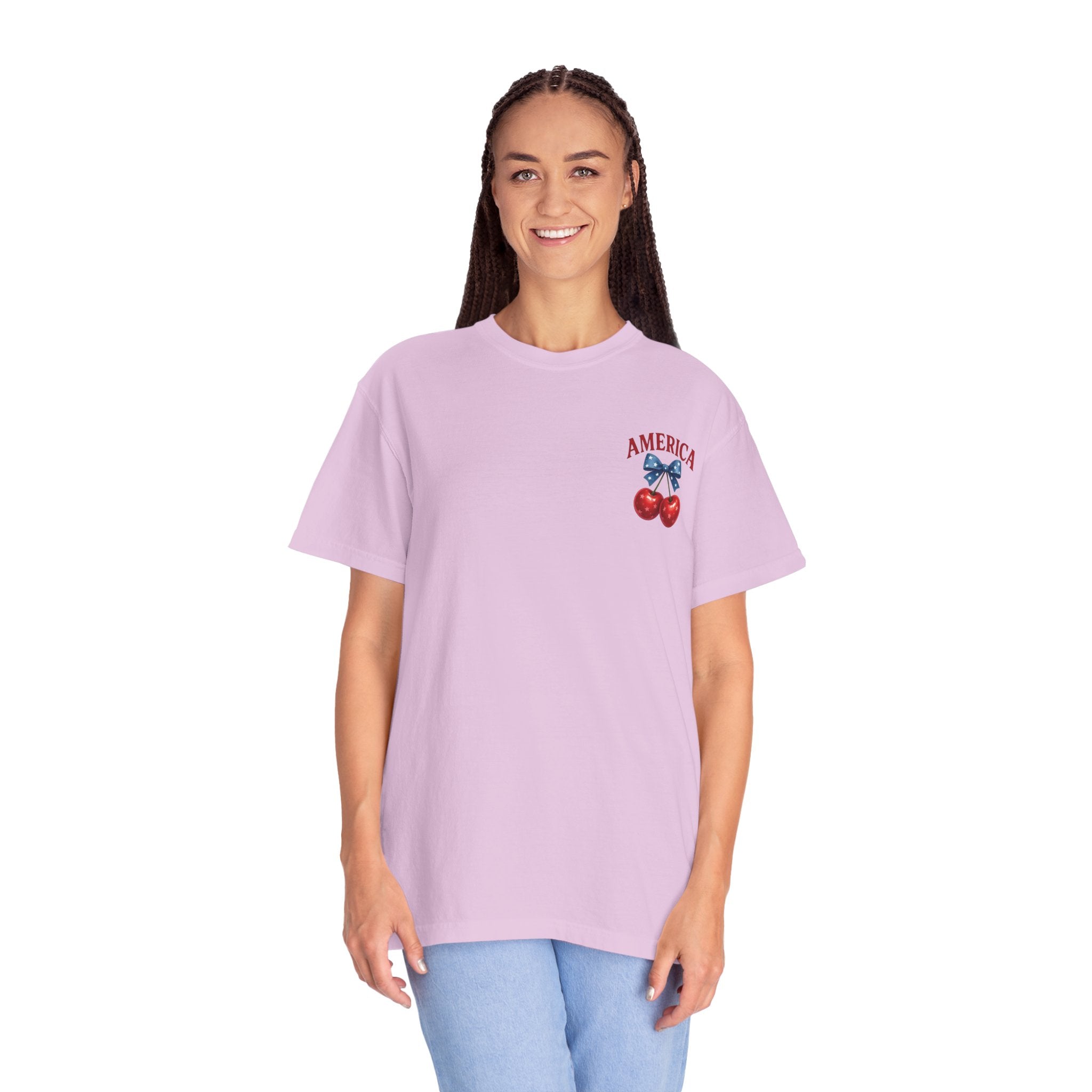 America Cherry Bow T-shirt | Patriotic Stars & Stripes Cherry Design
