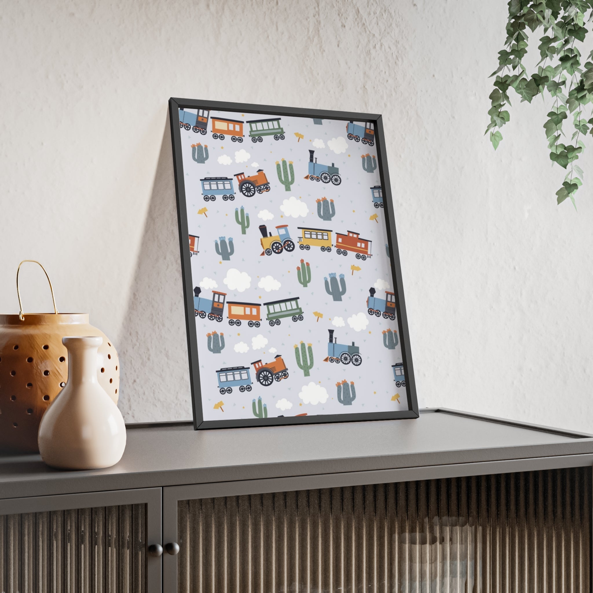 Kids' Train Poster with Wooden Frame — Nursery Wall Art, Playroom Decor