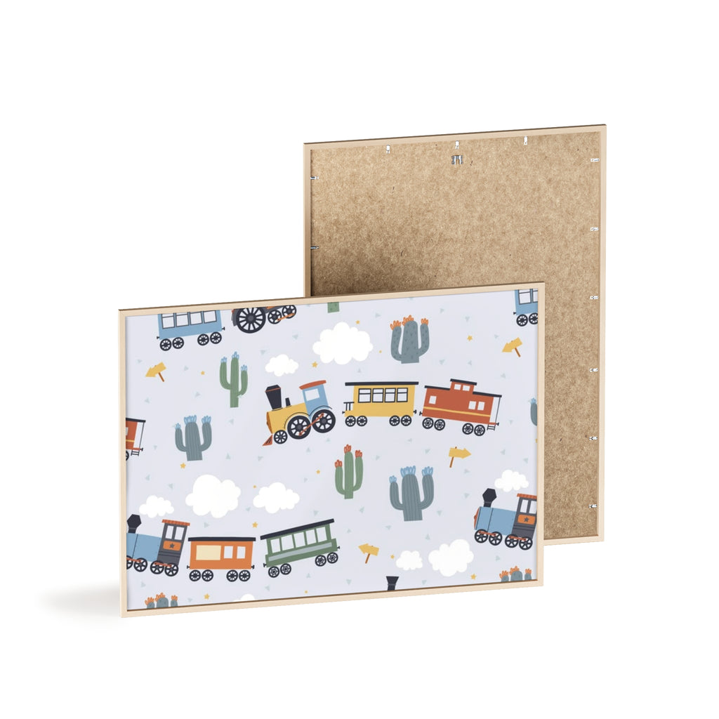 Kids' Train Poster with Wooden Frame — Nursery Wall Art, Playroom Decor