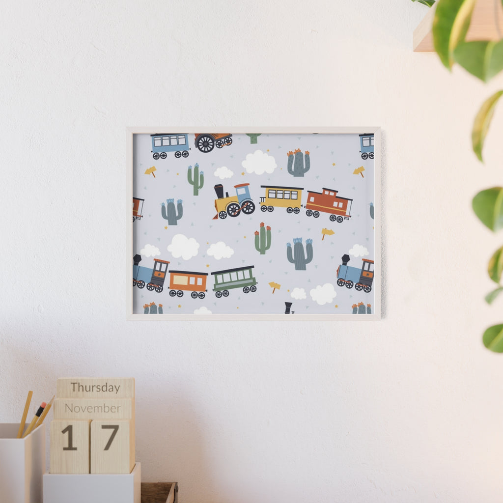 Kids' Train Poster with Wooden Frame — Nursery Wall Art, Playroom Decor