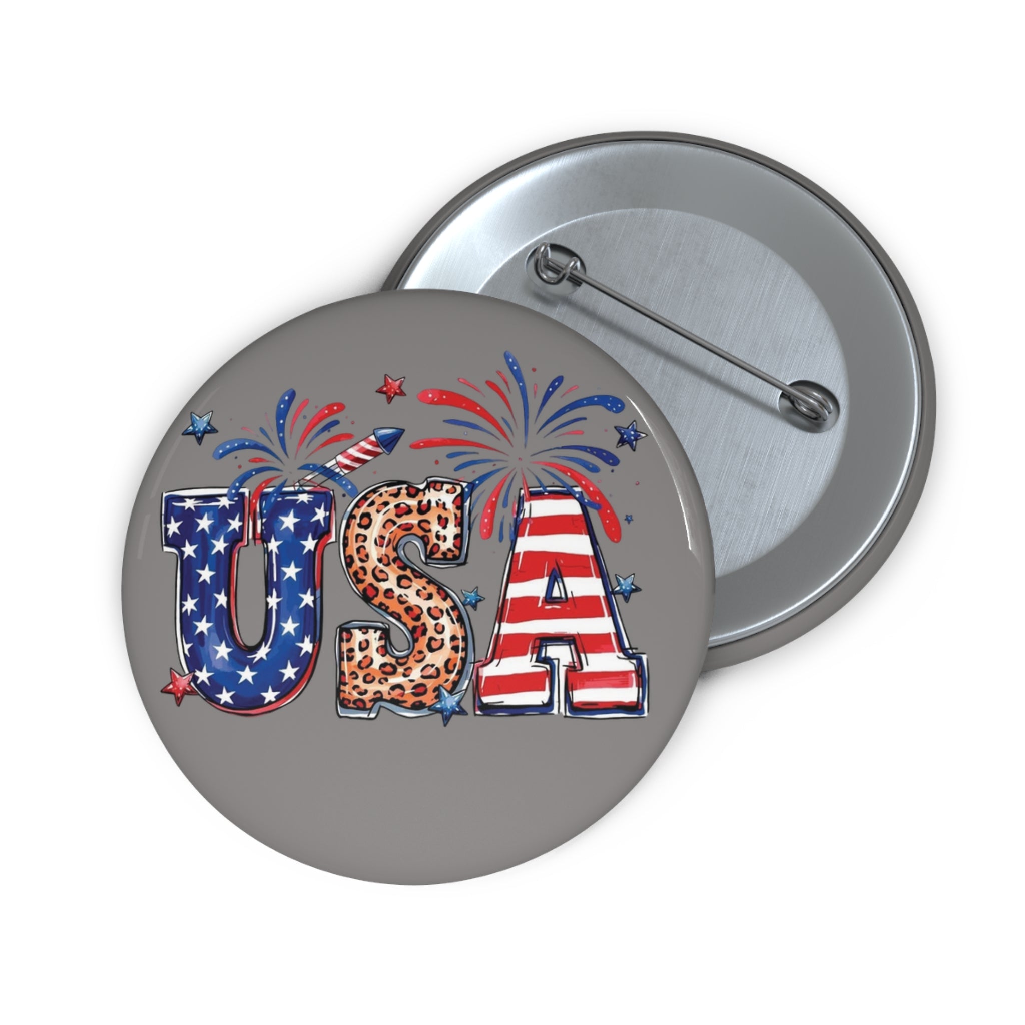 USA Leopard Stars Stripes Pin Button | Patriotic Flag Fireworks