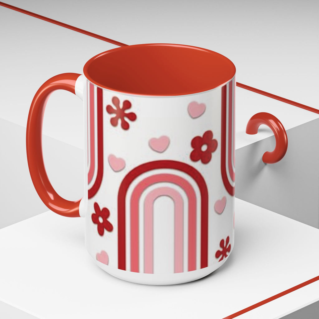 Retro Pink Rainbow Hearts and Flowers Accent Mug | 11oz or 15oz