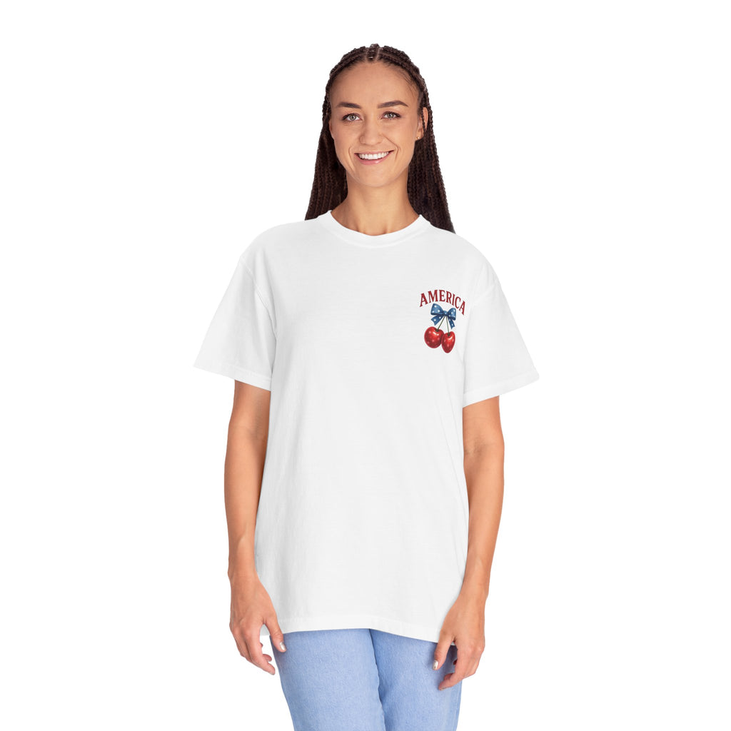 America Cherry Bow T-shirt | Patriotic Stars & Stripes Cherry Design