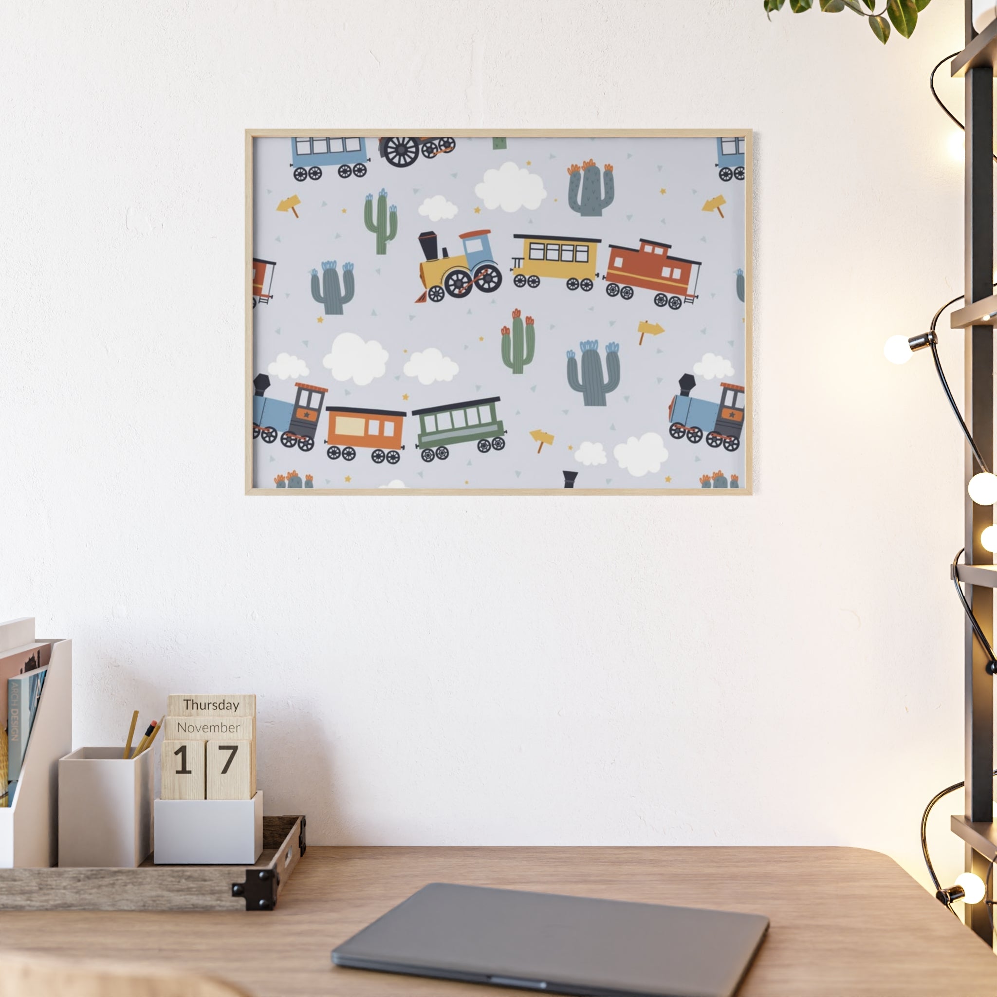 Kids' Train Poster with Wooden Frame — Nursery Wall Art, Playroom Decor