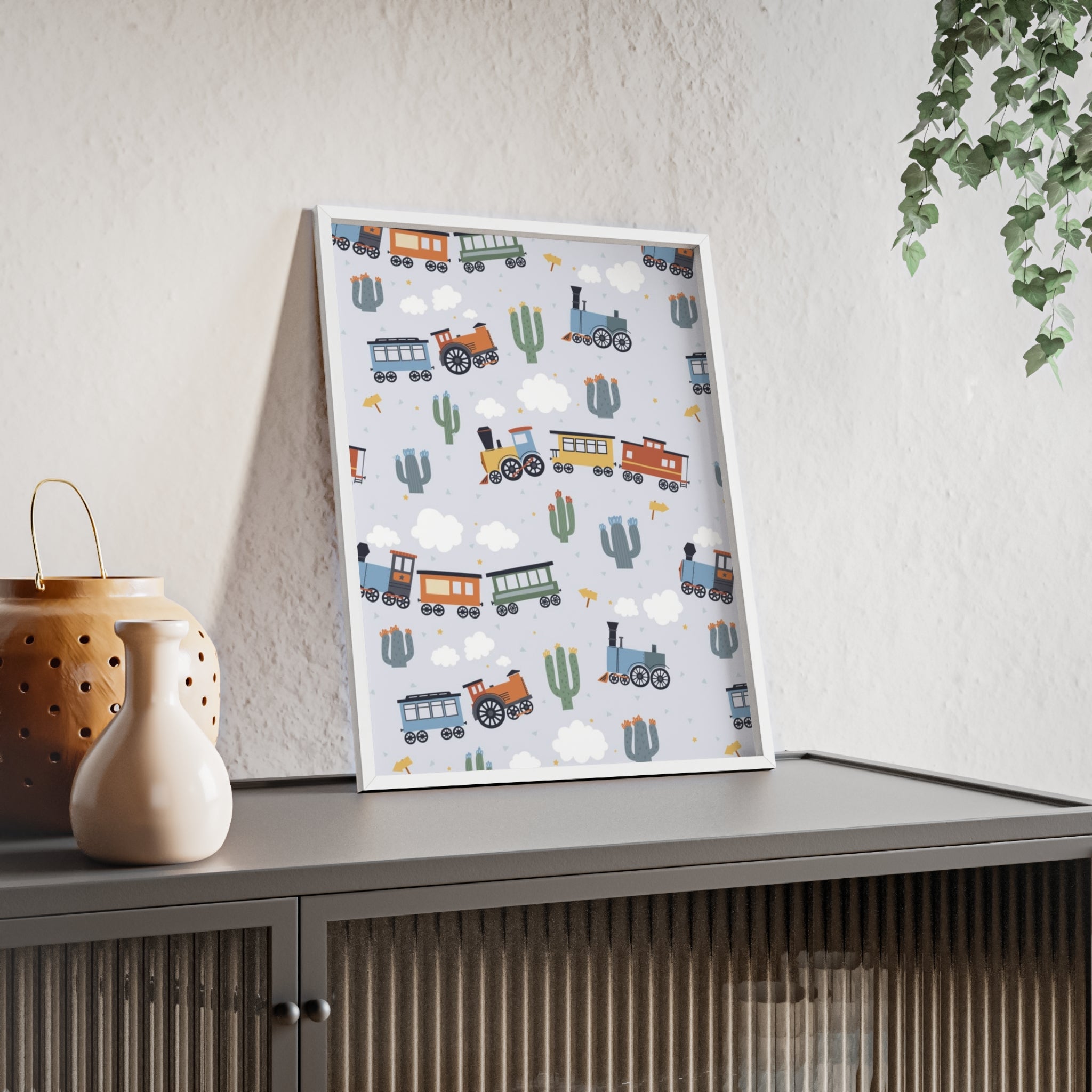 Kids' Train Poster with Wooden Frame — Nursery Wall Art, Playroom Decor