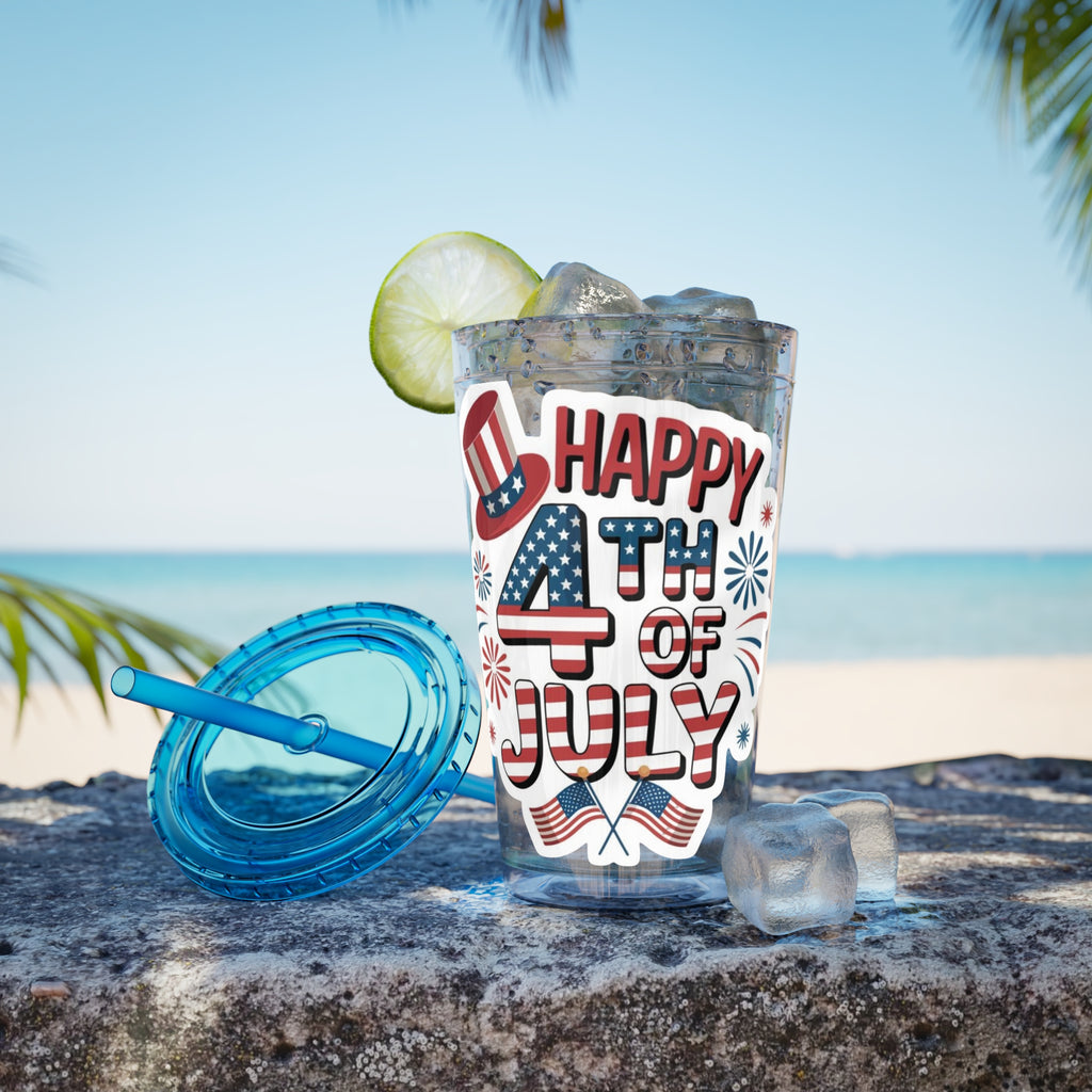 Happy 4th of July Tumbler | 16oz Straw Cup, Patriotic Fireworks Flag Design