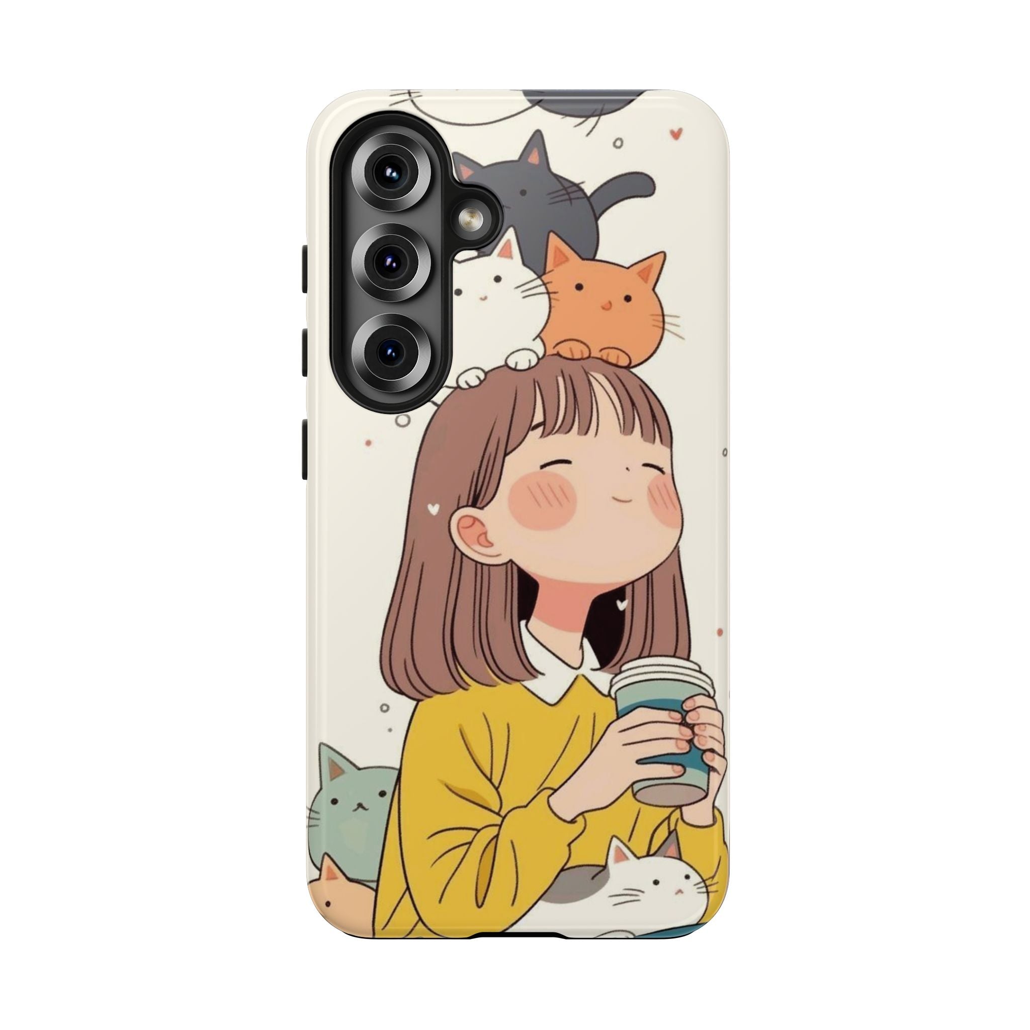 Girl with Cats Phone Case | Cute Cat Stack Illustration
