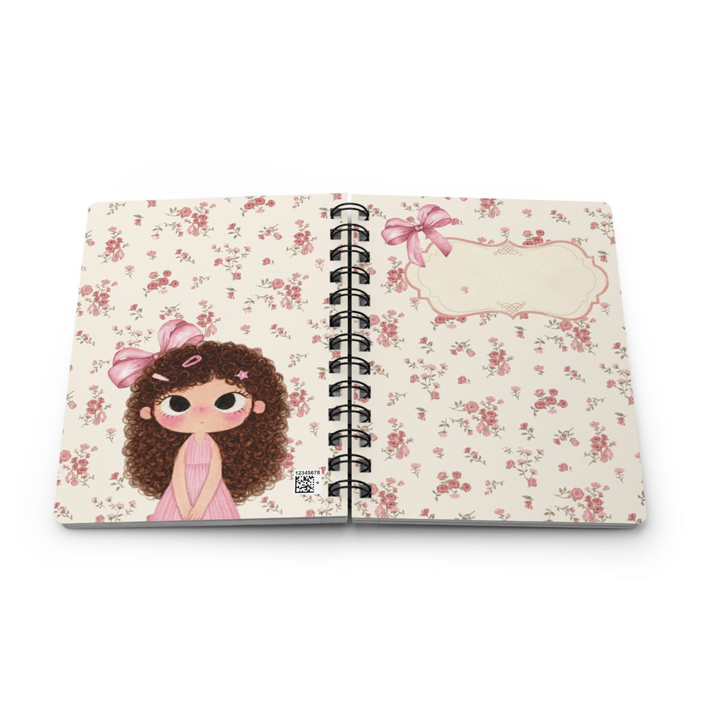 Cute Curly Girl Illustration Spiral Bound Journal | Pink Polka Dot Notebook