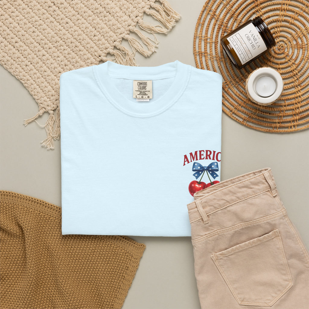 America Cherry Bow T-shirt | Patriotic Stars & Stripes Cherry Design
