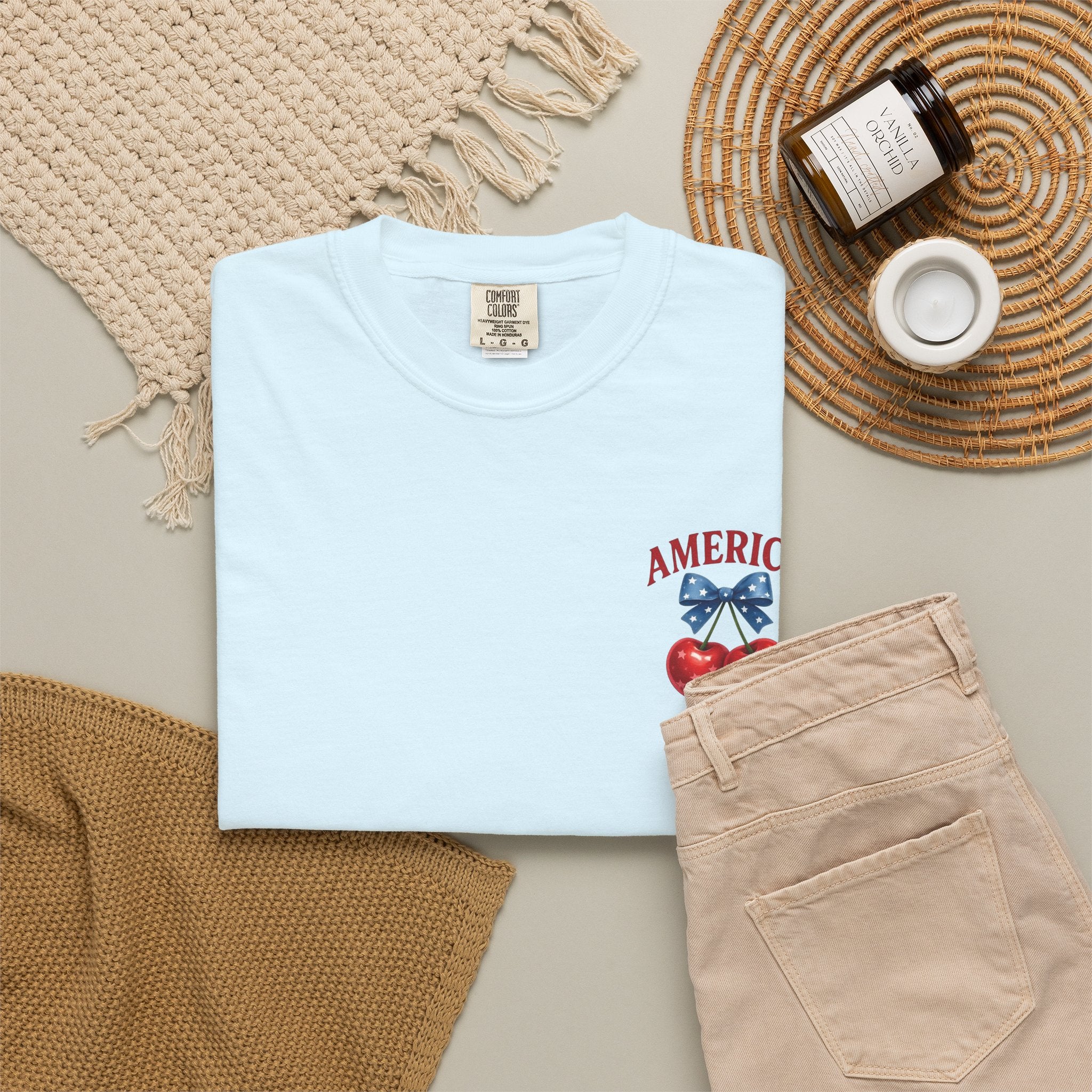 America Cherry Bow T-shirt | Patriotic Stars & Stripes Cherry Design