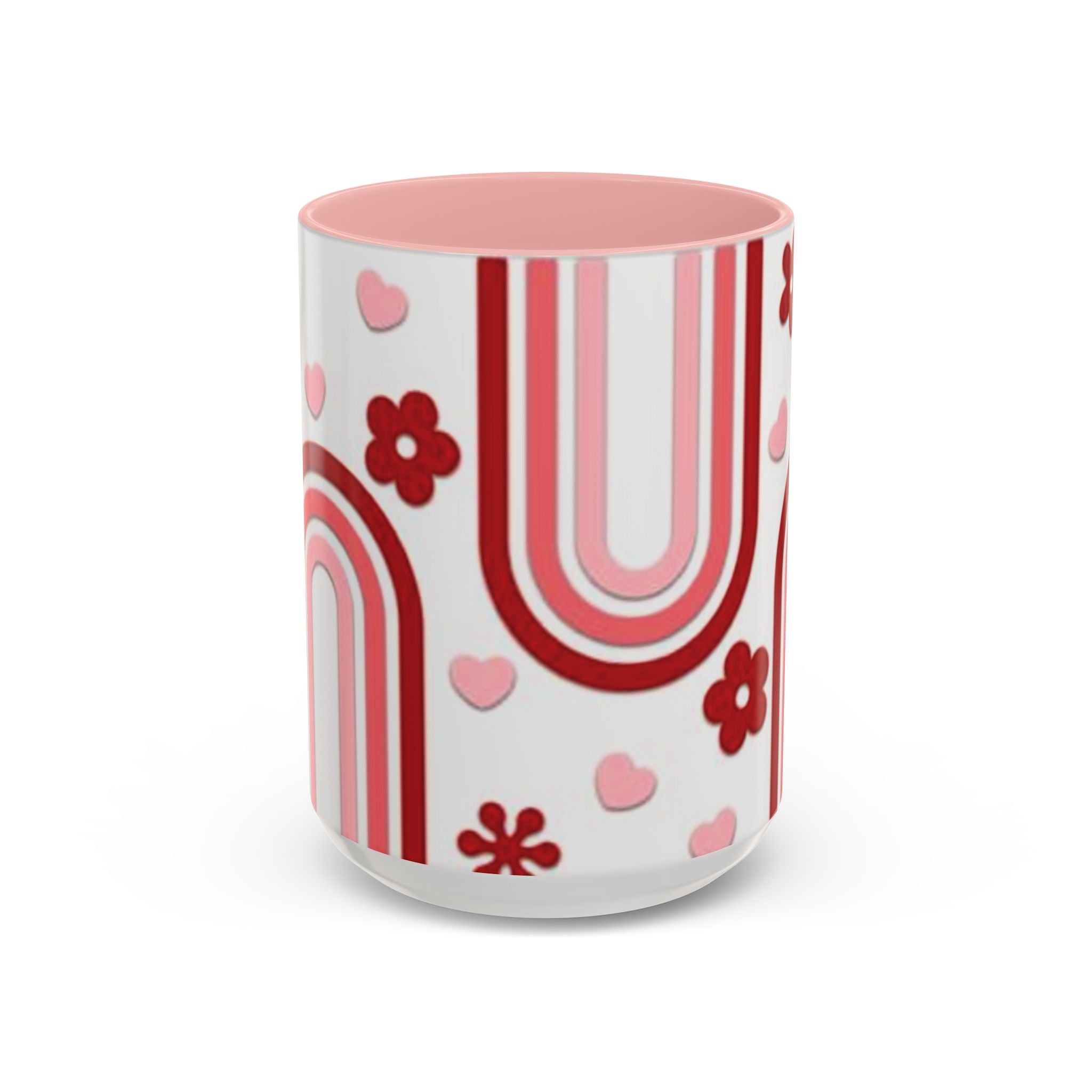Retro Pink Rainbow Hearts and Flowers Accent Mug | 11oz or 15oz