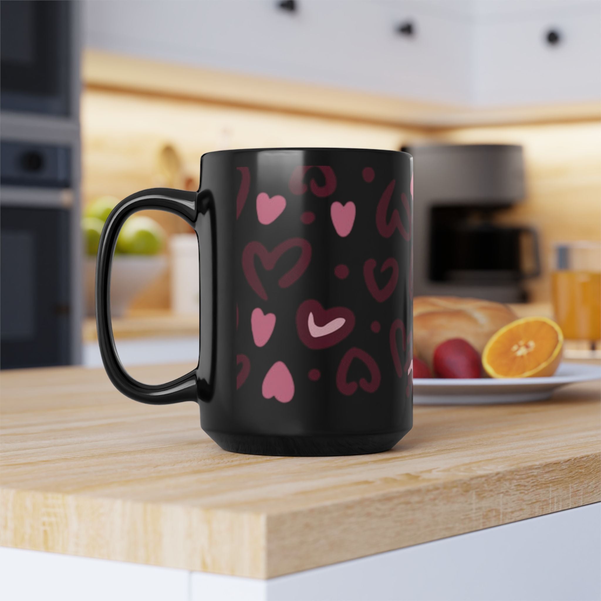 Hand-Drawn Pink Hearts Black Mug | Ceramic Heart Pattern Coffee Mug