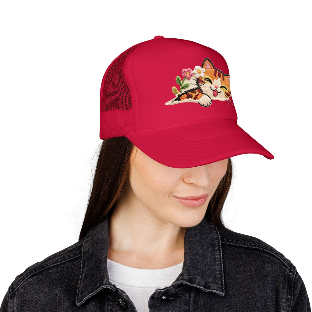 Trucker Hat — Cute Sleeping Calico Cat with Flowers Foam Mesh Cap