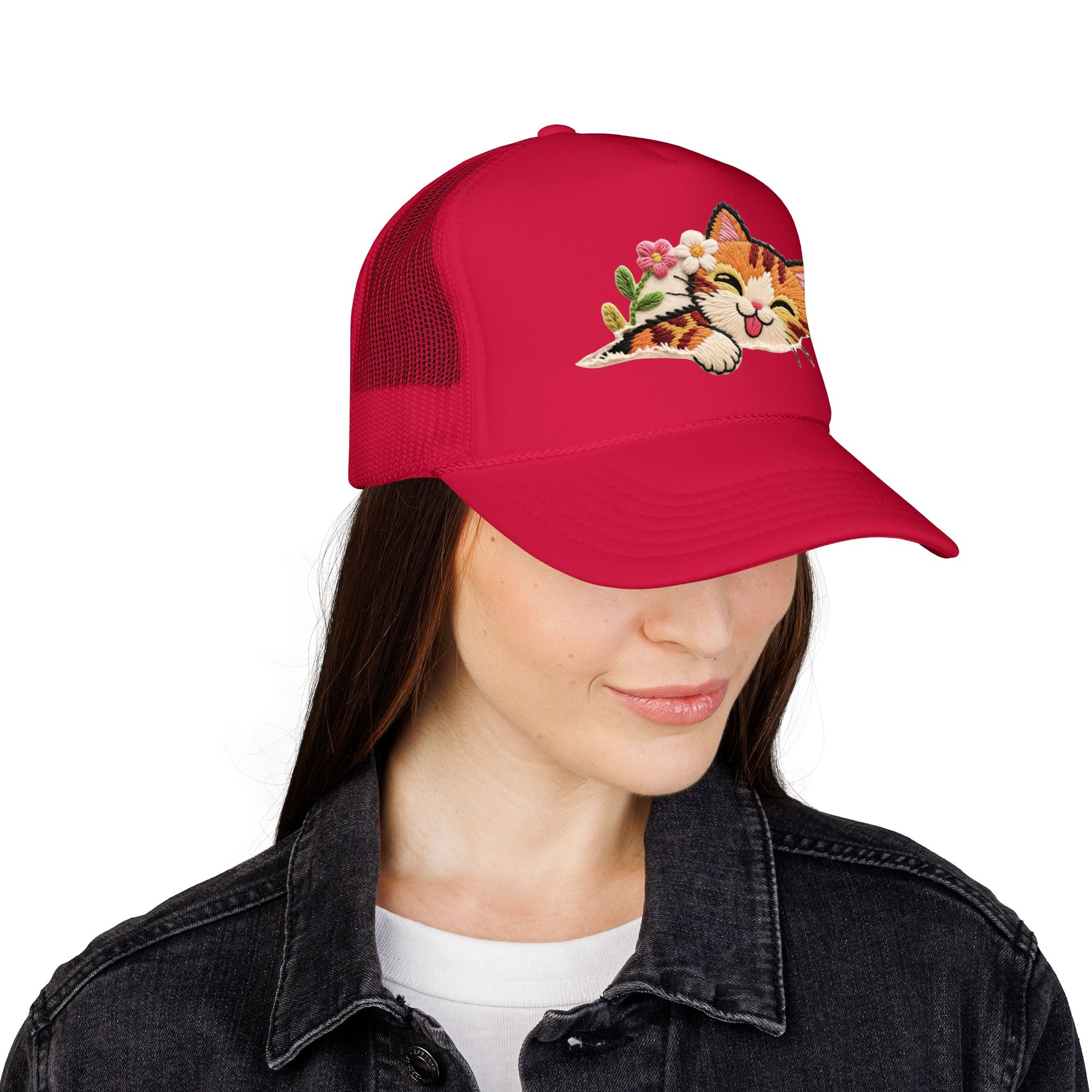 Trucker Hat — Cute Sleeping Calico Cat with Flowers Foam Mesh Cap