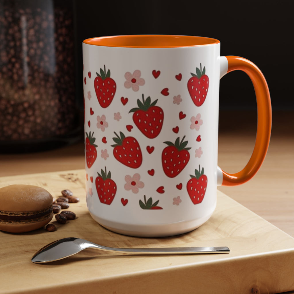 Strawberry Pattern Accent Coffee Mug — Cute Red Berries & Hearts 11/15oz