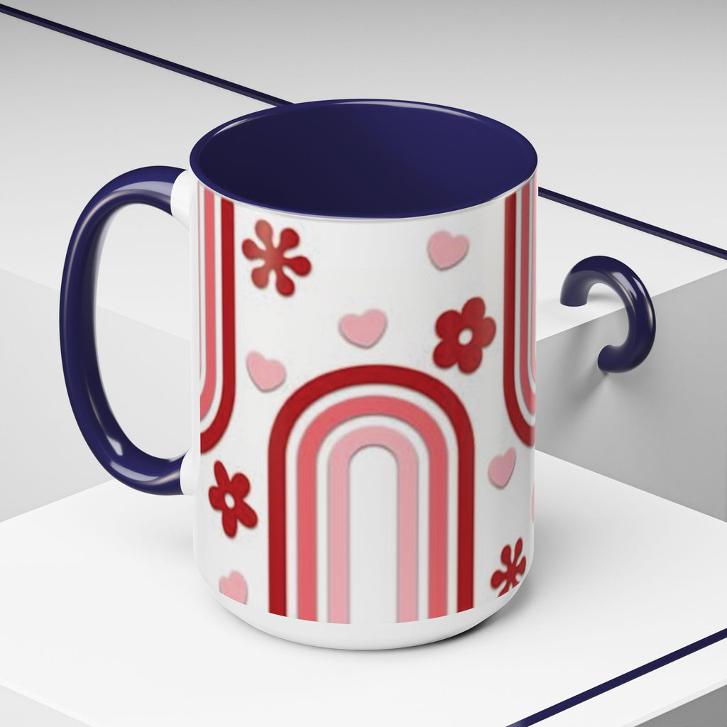 Retro Pink Rainbow Hearts and Flowers Accent Mug | 11oz or 15oz