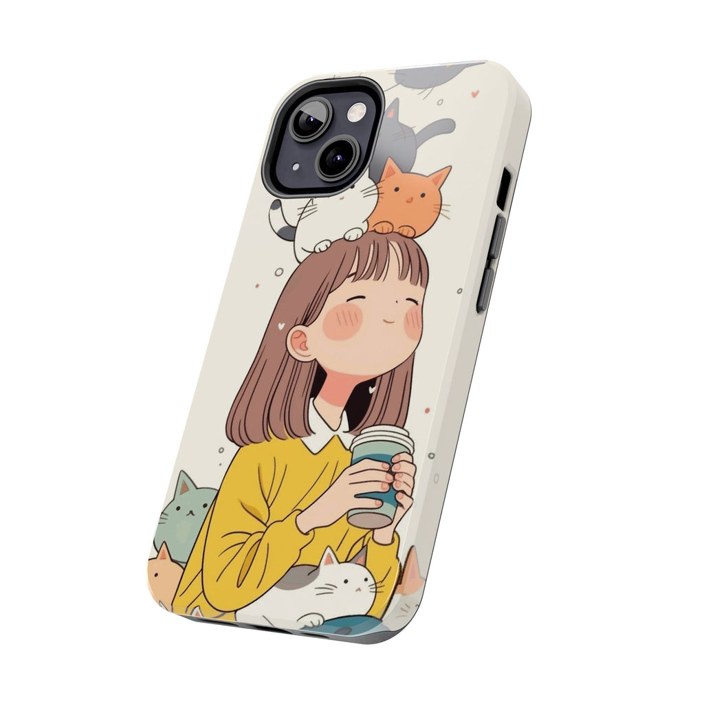 Girl with Cats Phone Case | Cute Cat Stack Illustration