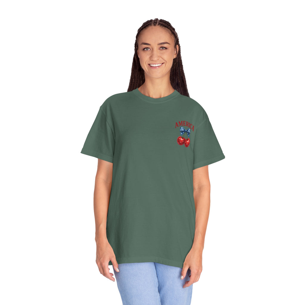 America Cherry Bow T-shirt | Patriotic Stars & Stripes Cherry Design