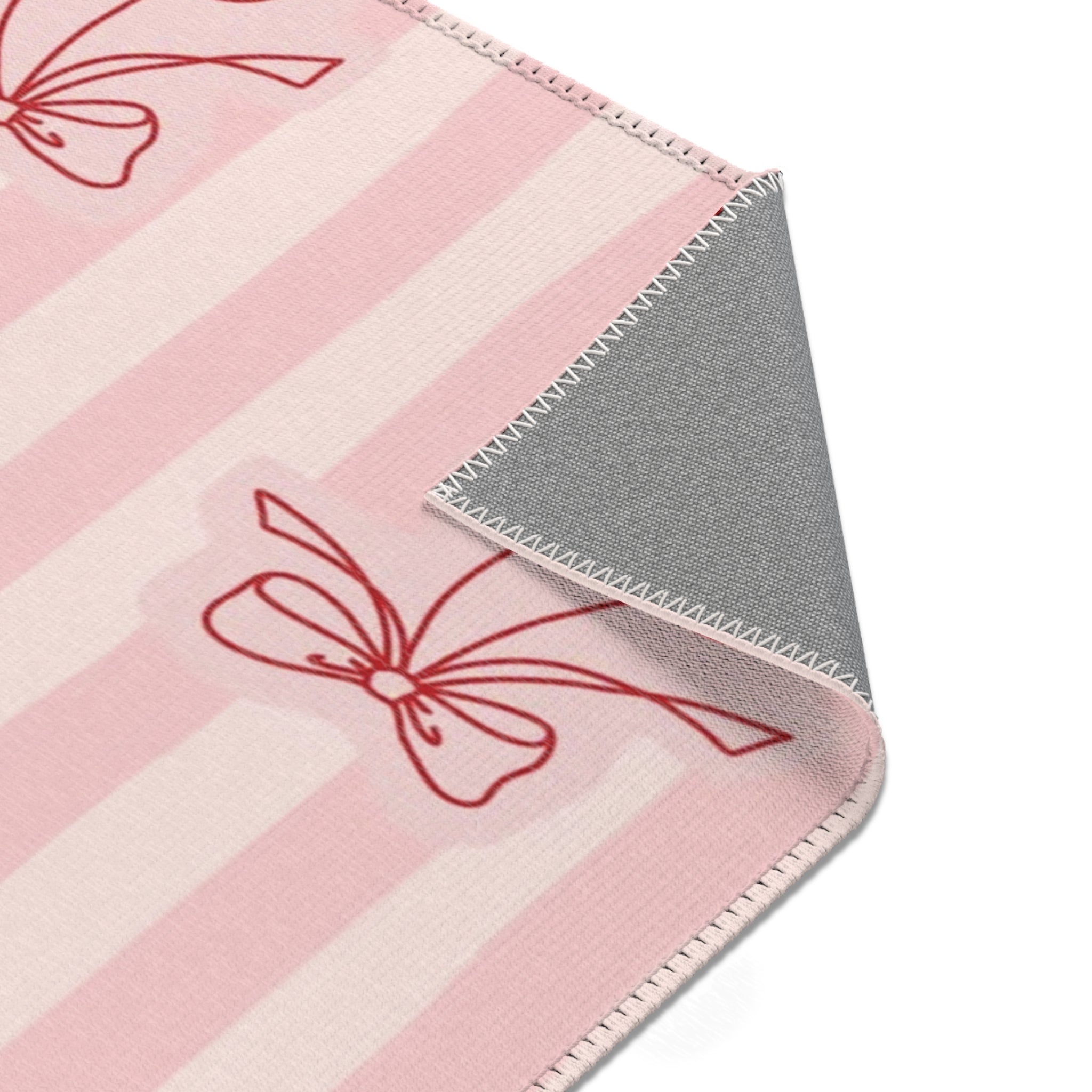 Cherry Bow Area Rug — Pink Striped Cute Kitchen or Nursery Accent Rug
