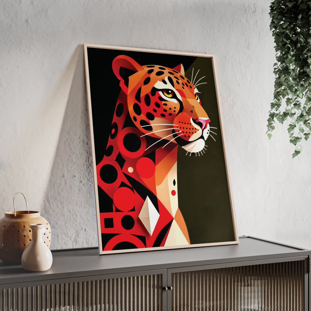 Geometric Leopard Art Poster with Wooden Frame — Bold Wildlife Wall Decor