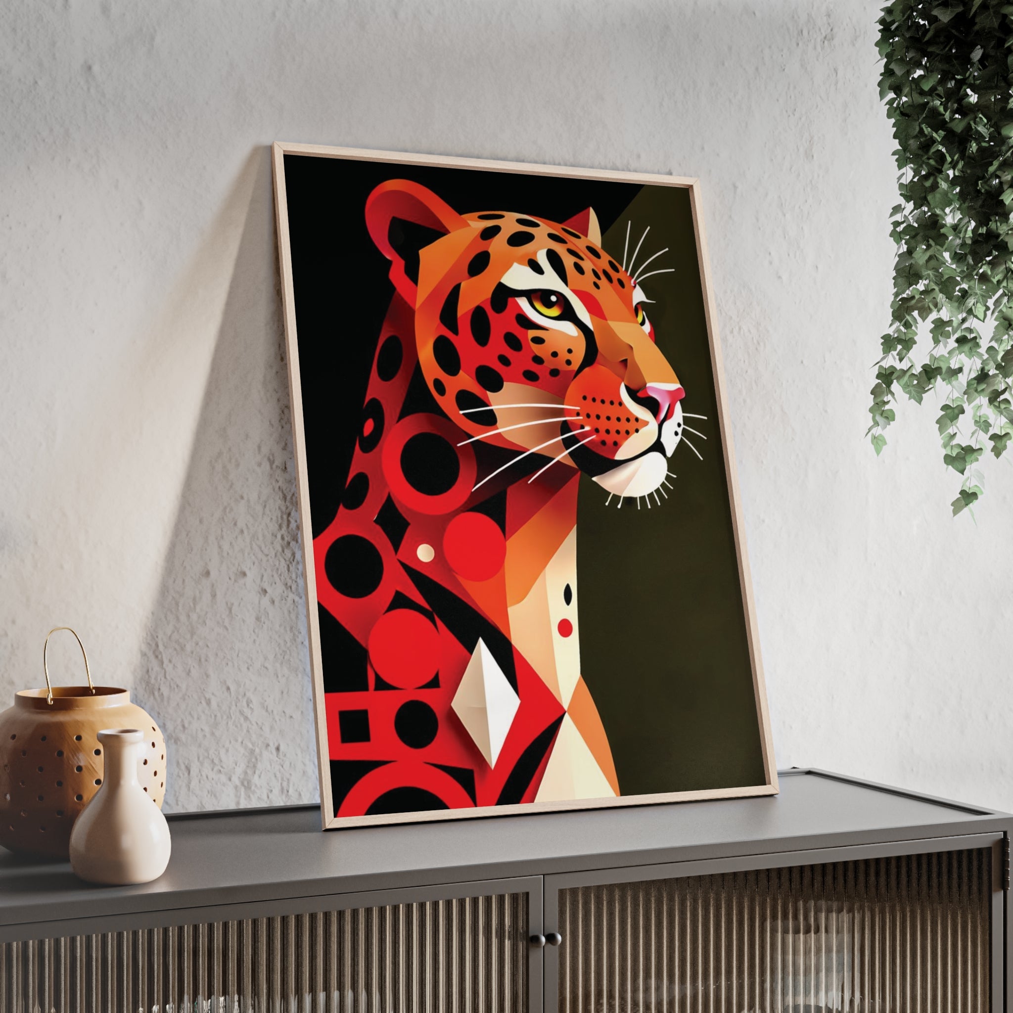 Geometric Leopard Art Poster with Wooden Frame — Bold Wildlife Wall Decor