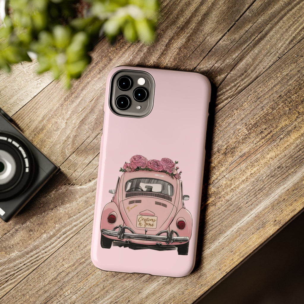 Vintage Pink Beetle with Roses Phone Case | Floral Car Tough Phone Case