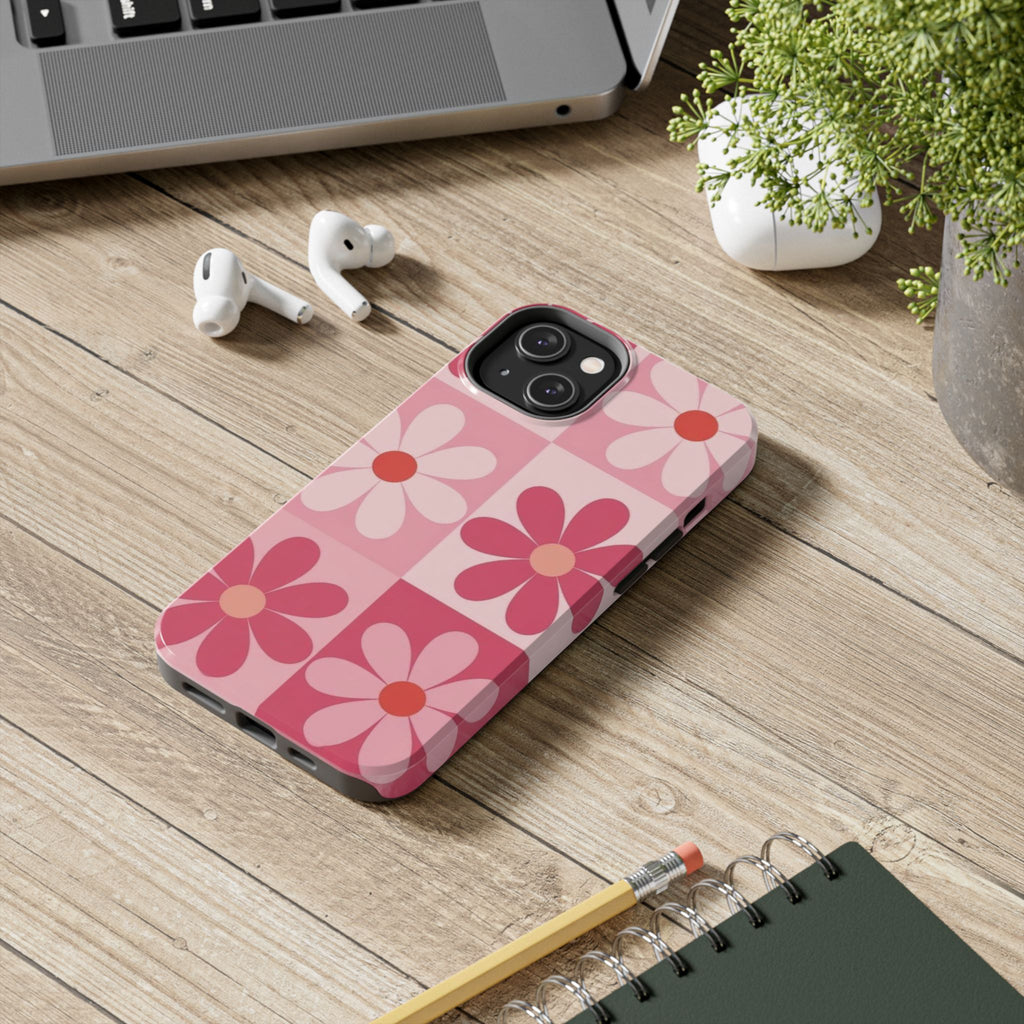Pink Retro Daisy Phone Case — Tough Shockproof Floral iPhone Cover