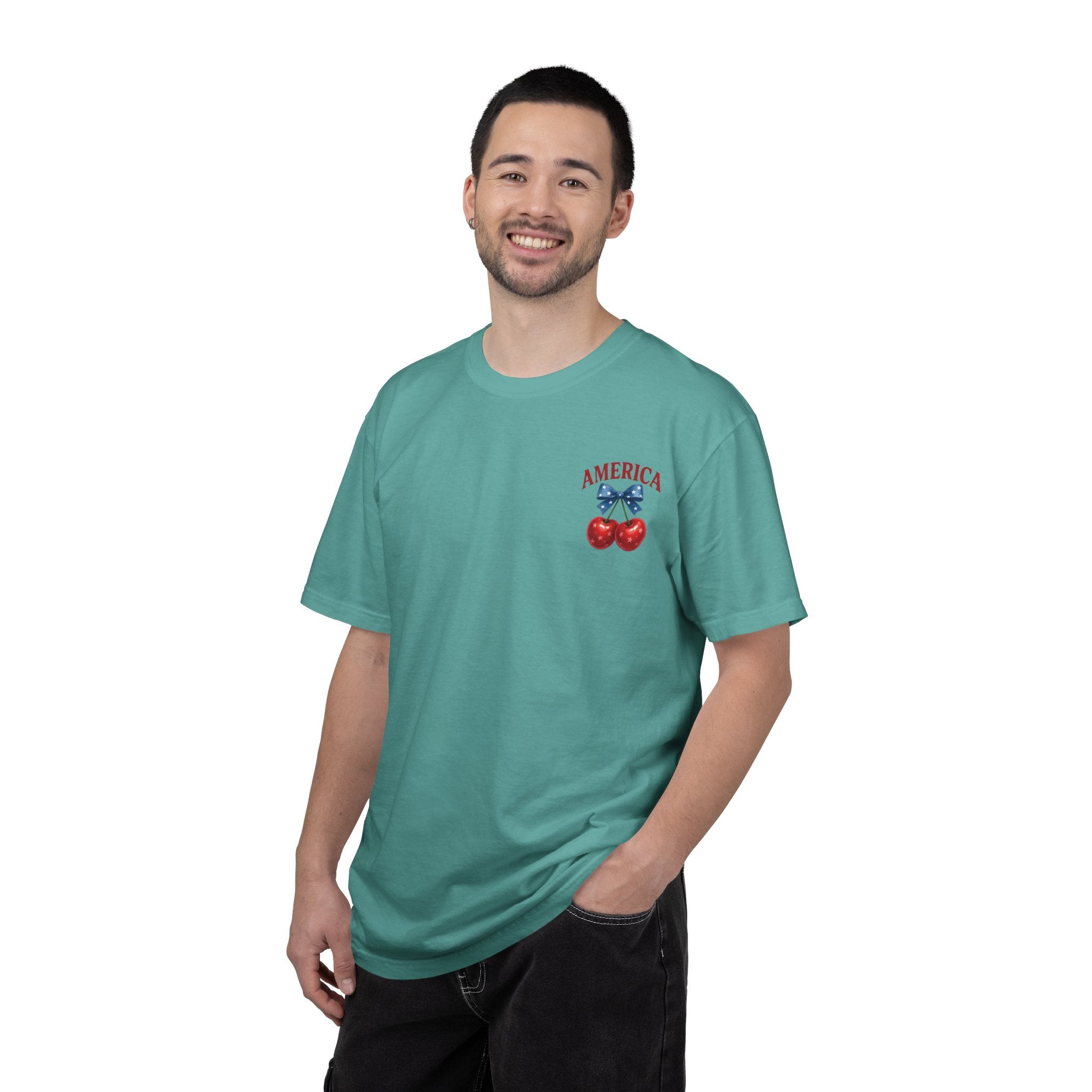 America Cherry Bow T-shirt | Patriotic Stars & Stripes Cherry Design
