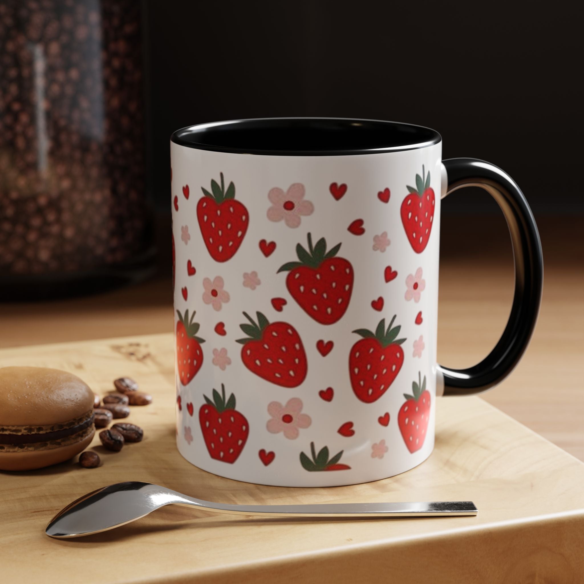 Strawberry Pattern Accent Coffee Mug — Cute Red Berries & Hearts 11/15oz