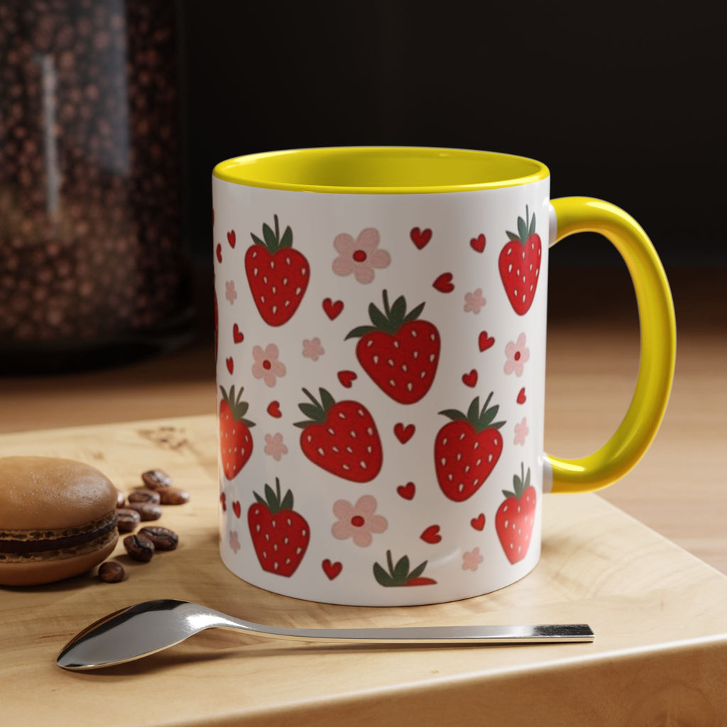 Strawberry Pattern Accent Coffee Mug — Cute Red Berries & Hearts 11/15oz