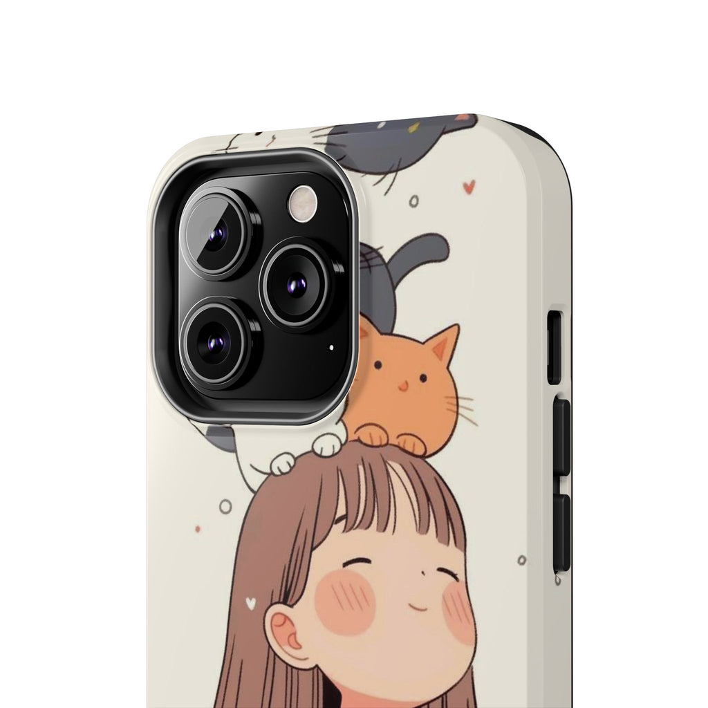 Girl with Cats Phone Case | Cute Cat Stack Illustration