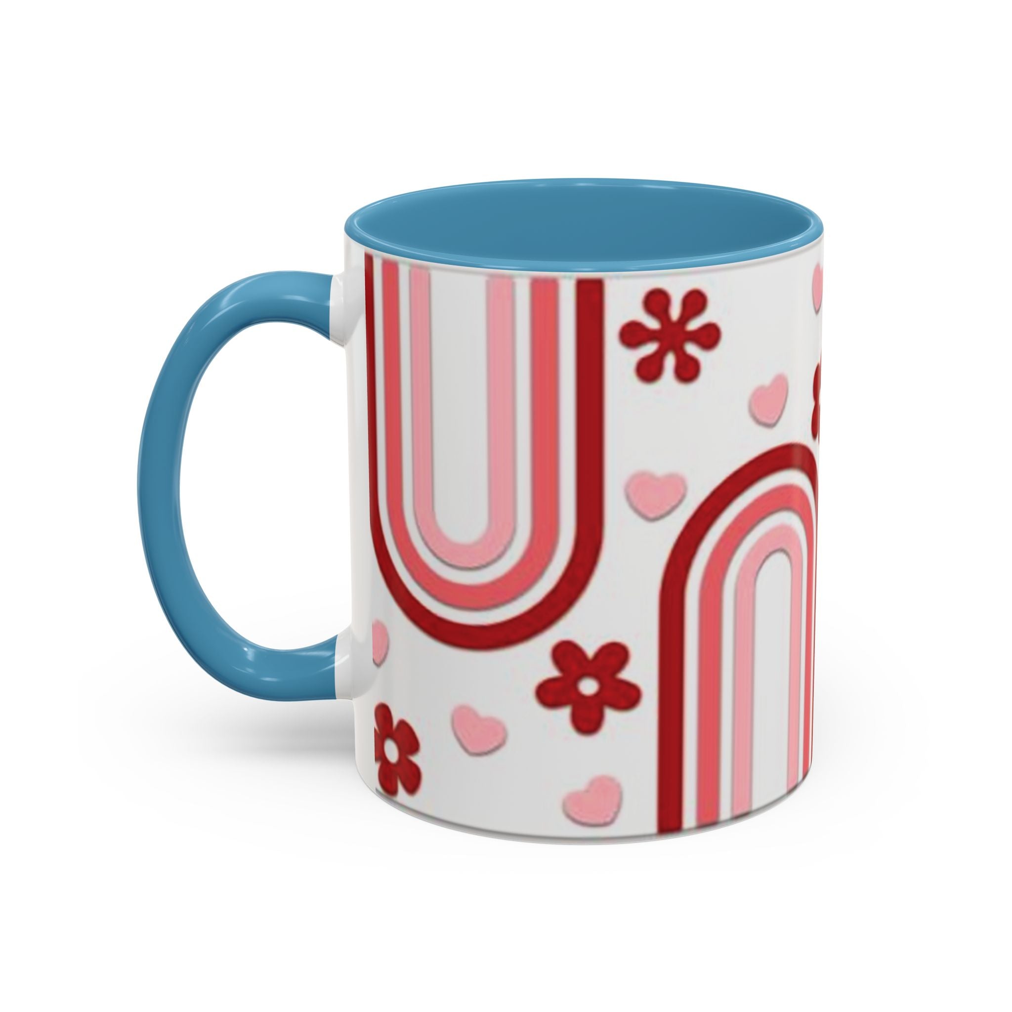 Retro Pink Rainbow Hearts and Flowers Accent Mug | 11oz or 15oz