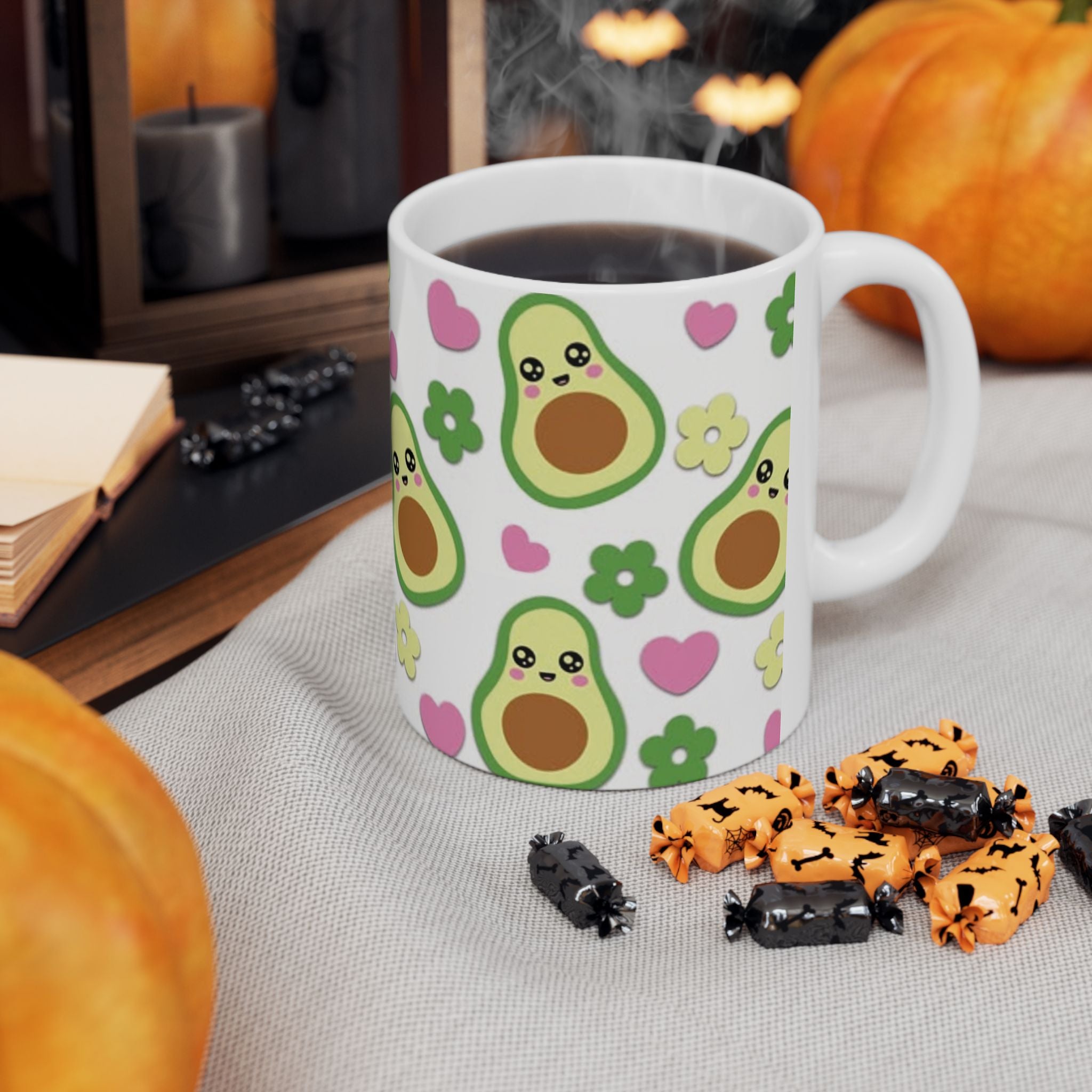Avocado Pattern Ceramic Mug — Cute Kawaii Avocado Hearts & Flowers Coffee Cup (11oz/15oz)