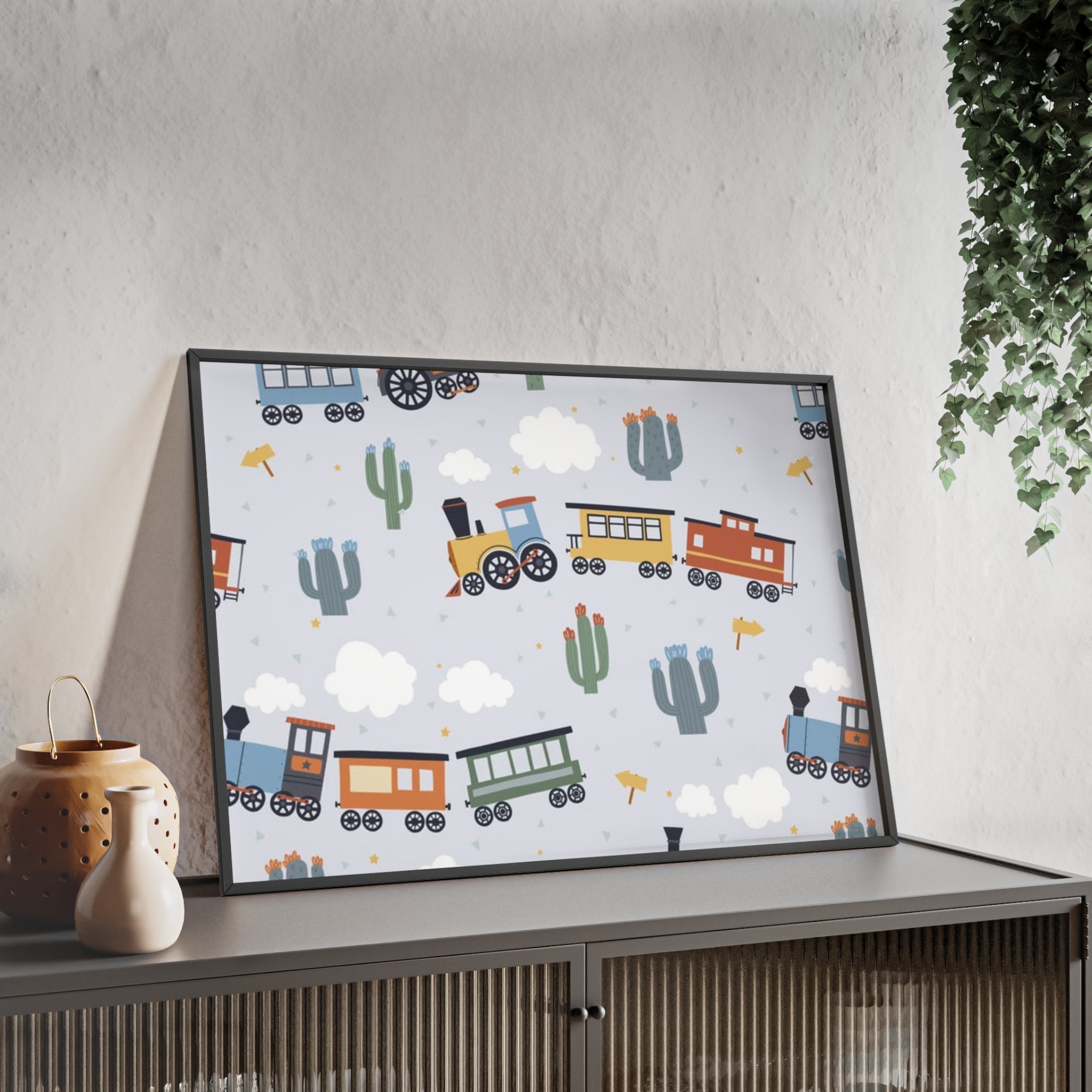 Kids' Train Poster with Wooden Frame — Nursery Wall Art, Playroom Decor