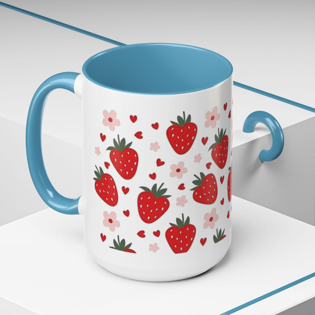 Strawberry Pattern Accent Coffee Mug — Cute Red Berries & Hearts 11/15oz