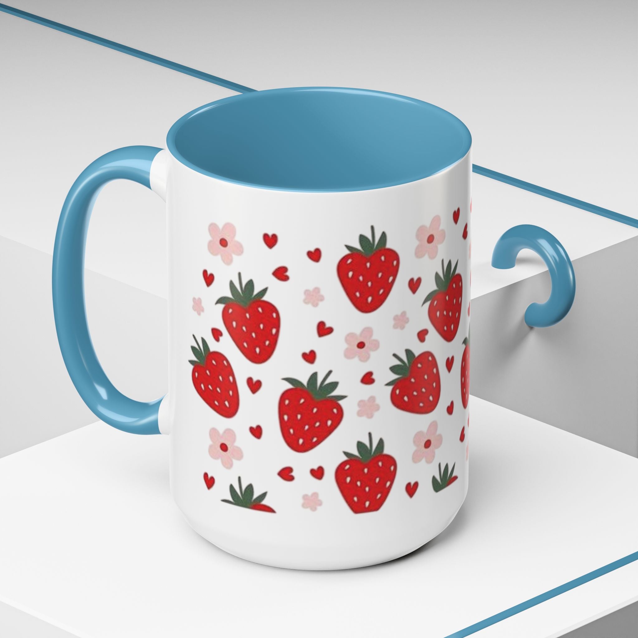 Strawberry Pattern Accent Coffee Mug — Cute Red Berries & Hearts 11/15oz