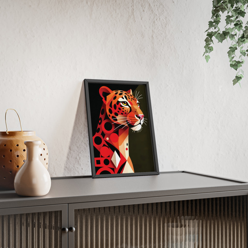 Geometric Leopard Art Poster with Wooden Frame — Bold Wildlife Wall Decor