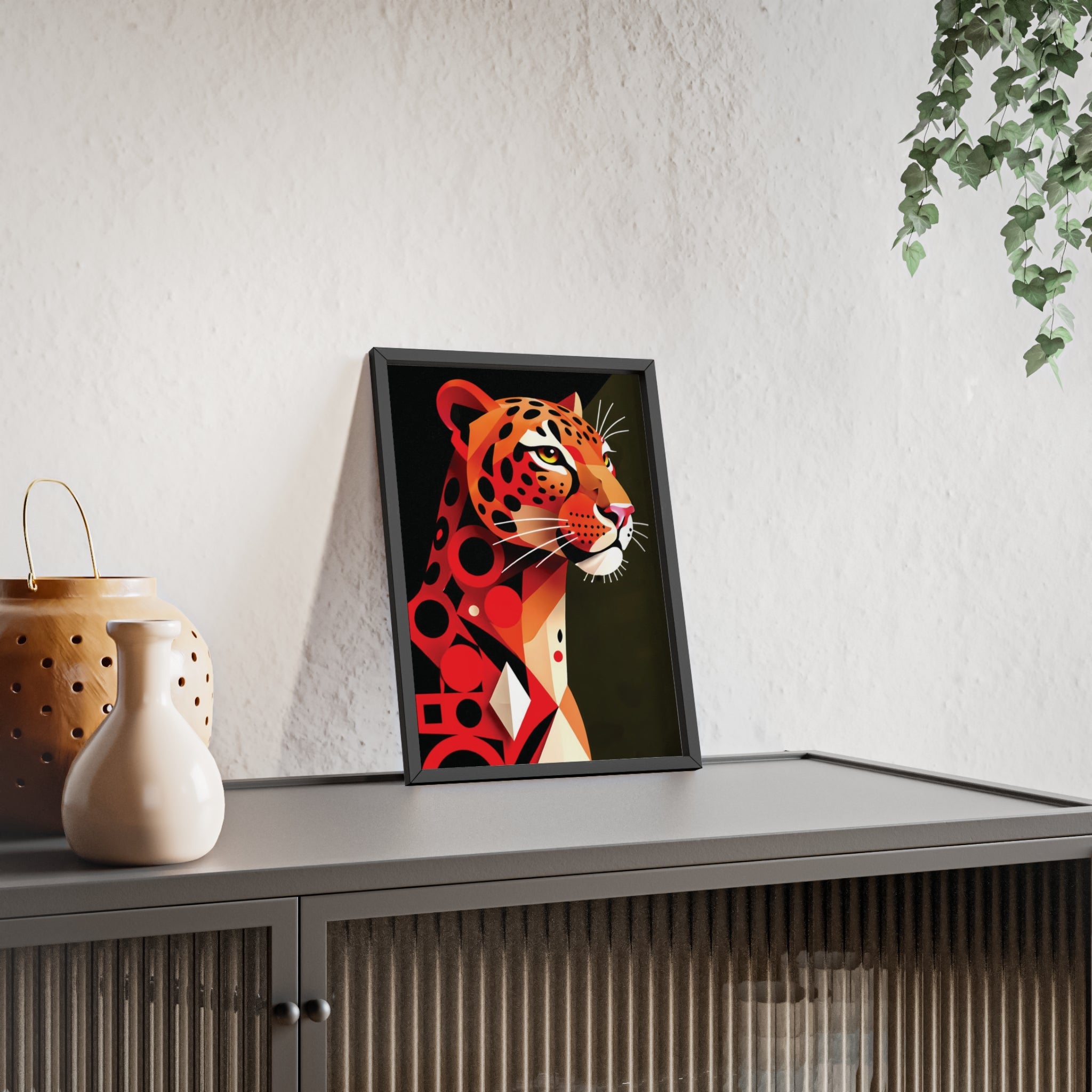 Geometric Leopard Art Poster with Wooden Frame — Bold Wildlife Wall Decor