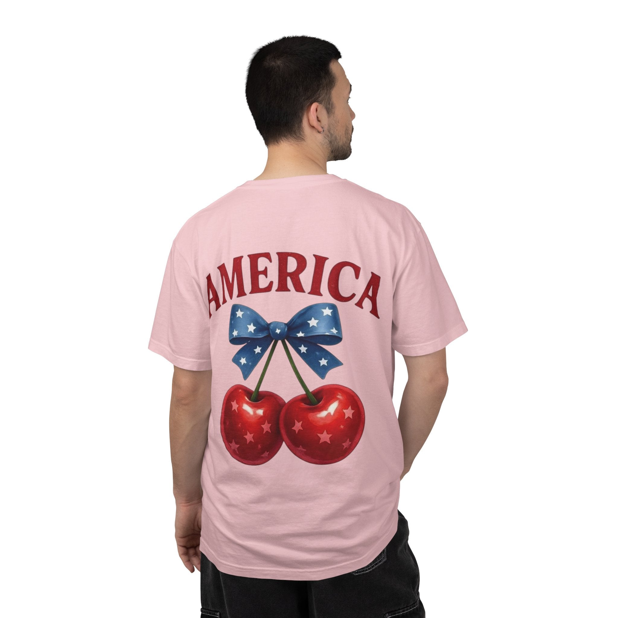 America Cherry Bow T-shirt | Patriotic Stars & Stripes Cherry Design